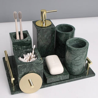 green marble luxury bathroom set soap dispenser toothbrush holder detail