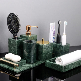green marble luxury bathroom set soap dispenser toothbrush holder side view