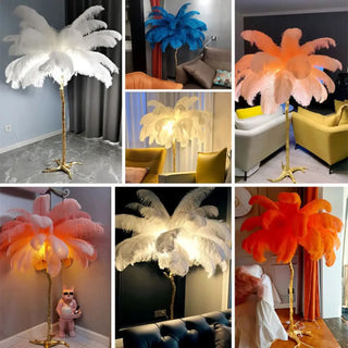 EXOTIS palm tree lamp – gold base and feather arrangement