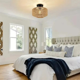 CEILIAH Braided Rattan Natural Ceiling Light – Boho Contemporary Fixture