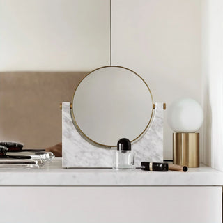 marble elegant vanity bathroom mirror clear reflection frame angle view