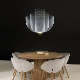 Metal grid pendant close-up — modern open design ceiling lamp