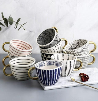 hand painted ceramic mugs luxury porcelain drinkware gold handle 350ml cup top view