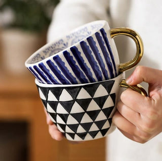 hand painted ceramic mugs luxury porcelain drinkware gold handle 350ml cup side view