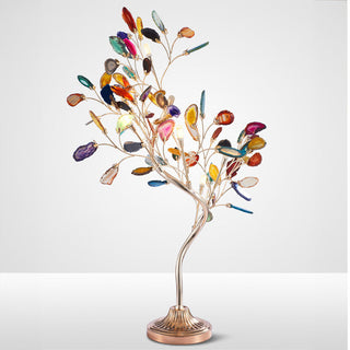 Colored agate iron tree lamp wide view — warm glow