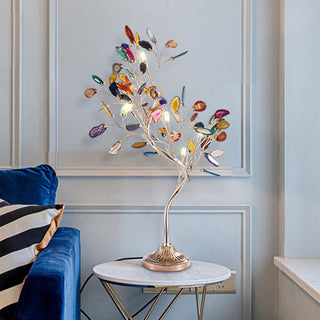 Colored agate table lamp — tree branch design iron base
