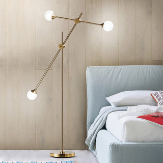 Glass orb floor lamp front — modern metal swing arm design
