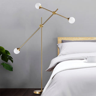 Modern white glass orb floor lamp — metal swing arm adjustable LED