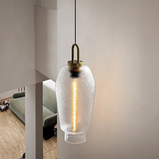 Frosted pendant close-up — brass glass modern kitchen lamp
