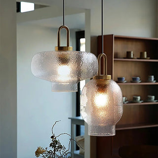Frosted glass pendant side angle — brass modern kitchen lamp