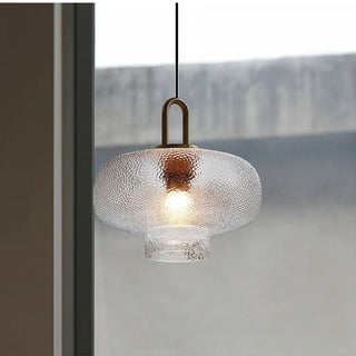 Brass glass pendant side view — frosted modern kitchen fixture