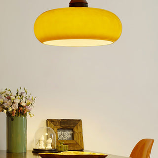 Suspension Dôme Jaune – Luminaire Rétro avec Accents en Bois pour Îlot de Cuisine