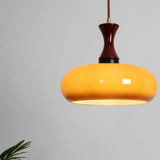 Suspension Dôme Jaune – Luminaire Rétro avec Accents en Bois pour Îlot de Cuisine