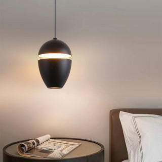 Bedside pendant hanging in bedroom — small cozy ceiling lamp