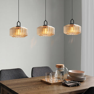 Mid Century Pendant Light – Striped Glass Lamp with E27 Bulb Base for Living Room