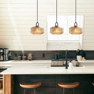 Living room lamp with mid-century striped glass shade
