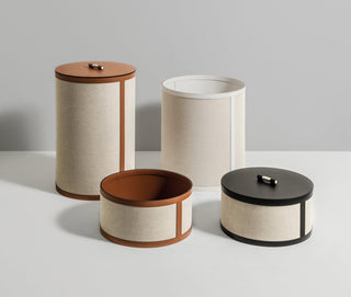 Penelope round large cotton laundry hamper leather trim close-up