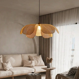 Vintage Rattan Pendant Light – Adjustable Hanging Lamp with Handwoven Petal Shade