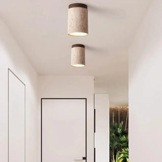 PIDRI Stone and Wood Ceiling Light – Cylindrical Form Detail Close-Up