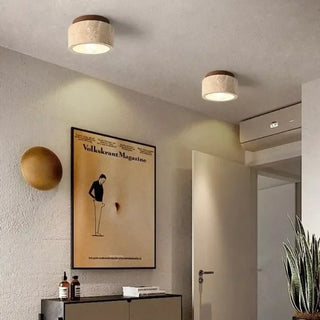 PIDRI Cylindrical Stone with Wood Finish Ceiling Light – Natural Luxury Fixture