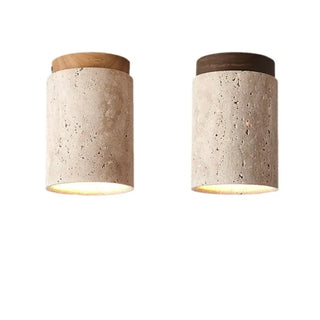 PIDRI Natural Ceiling Light – Stone Cylinder with Wood Finish View