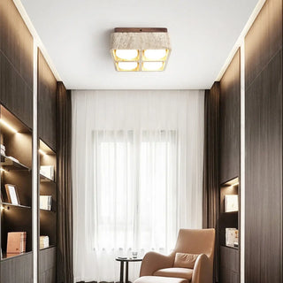PANASE Square Raw Stone and Wood Ceiling Light – Natural Industrial Fixture