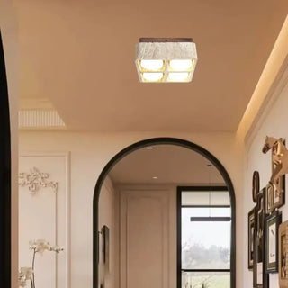 PANASE Square Ceiling Light – Raw Stone and Wood Close-Up View