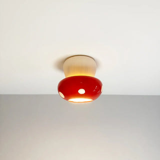 CHAMPY Red Mushroom Design Ceiling Light – Whimsical Wood Base Fixture