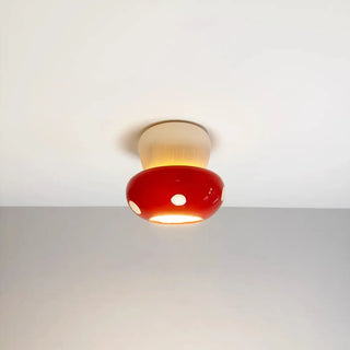 CHAMPY Red Mushroom Design Ceiling Light – Whimsical Wood Base Fixture