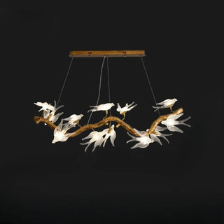 Bird motif gold branch pendant illuminated — sculptural ceiling fixture