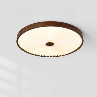 HIKARI Round Pleated Shade Wood Finish Ceiling Light