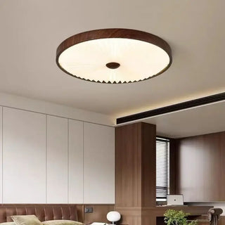 HIKARI Round Pleated Shade Wood Finish Ceiling Light