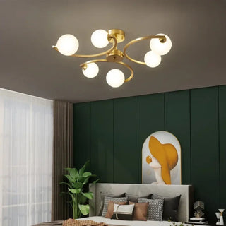 FENAH Gold Curved Arms Opaline Globe Ceiling Light
