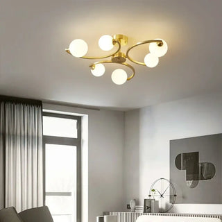 FENAH Gold Curved Arms Opaline Globe Ceiling Light