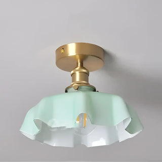 Brass ceiling pendant lamp with wavy glass shade, retro vintage hanging light