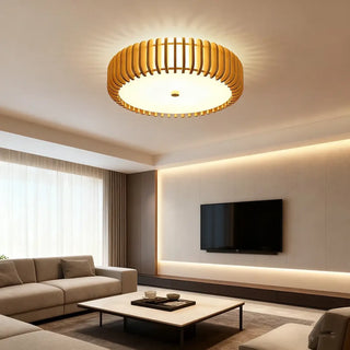 BATOU Scandinavian Wood Slat Ceiling Light – Round Nordic Natural Fixture