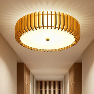 BATOU Slatted Wood Nordic Ceiling Fixture – Round Scandinavian Natural Light