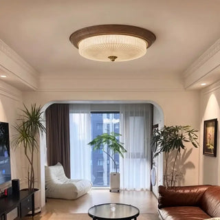 ANESSI Textured Glass Round Ceiling Light – Wood-Finish Contemporary Fixture