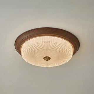 ANESSI Contemporary Round Ceiling Fixture – Textured Glass Wood-Finish Light