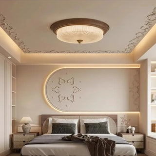 ANESSI Wood-Finish Glass Ceiling Fixture – Round Textured Contemporary Light