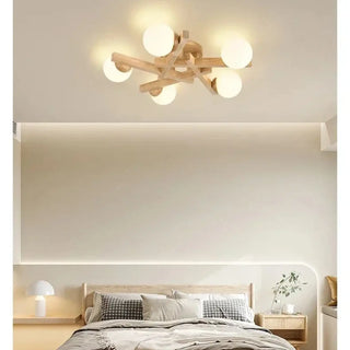 LINOPAS Scandinavian Wood White Globe Ceiling Light