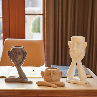 abstract face vases 3 piece ceramic set modern art sculptural decor close-up