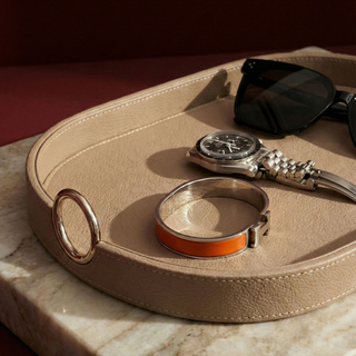 taupe leather oval amenity tray contrast stitching detail