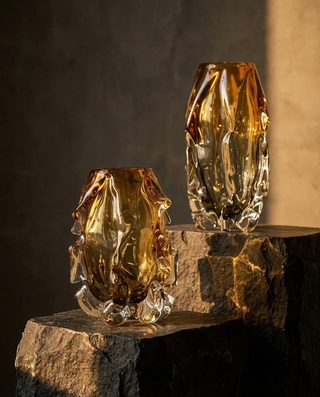 sculptural gold glass vase for living room