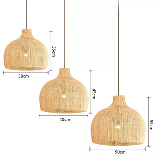 Boho rattan pendant side angle — handwoven kitchen ceiling lamp