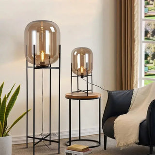 Designer glass metal lamp close-up — postmodern LED detail