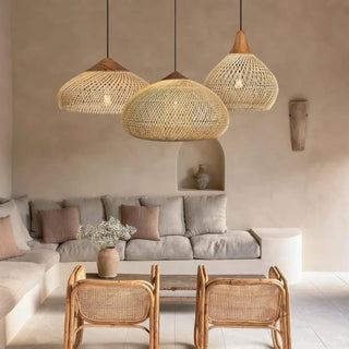 Woven natural wicker pendant light, organic texture ceiling fixture for dining