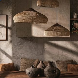 Artisan wicker pendant, natural fiber woven ceiling fixture for kitchen island