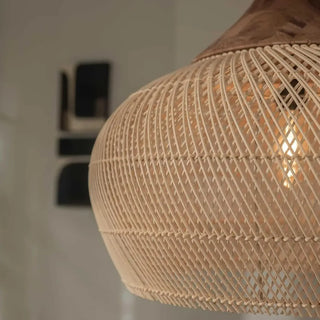 Handwoven wicker pendant light, natural organic design, cozy dining room lamp