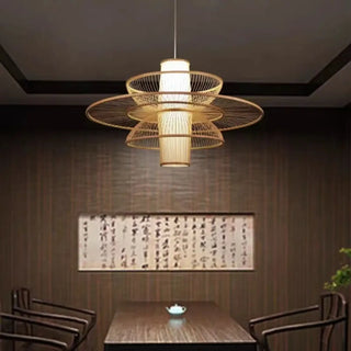 Zen bamboo pendant lamp close-up — organic eco ceiling fixture
